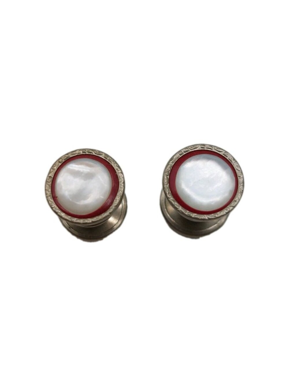 Men's Cufflinks Mother of Pearl Red Round Silver Tone .50" Vintage